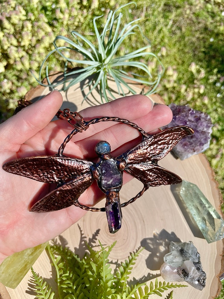 Justina- Labradorite, Lepidolite, Aura Quartz, and Real Ethically Sourced Cicada Wings Necklace