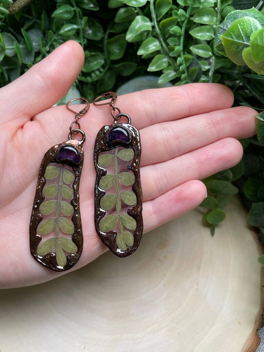 Leaves and Amethyst Moon Earrings