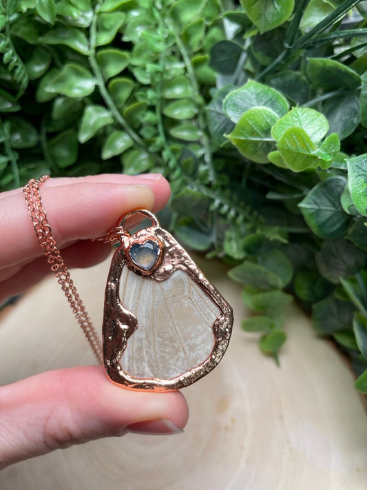 Luna Moth Wing and Moonstone Heart Necklace