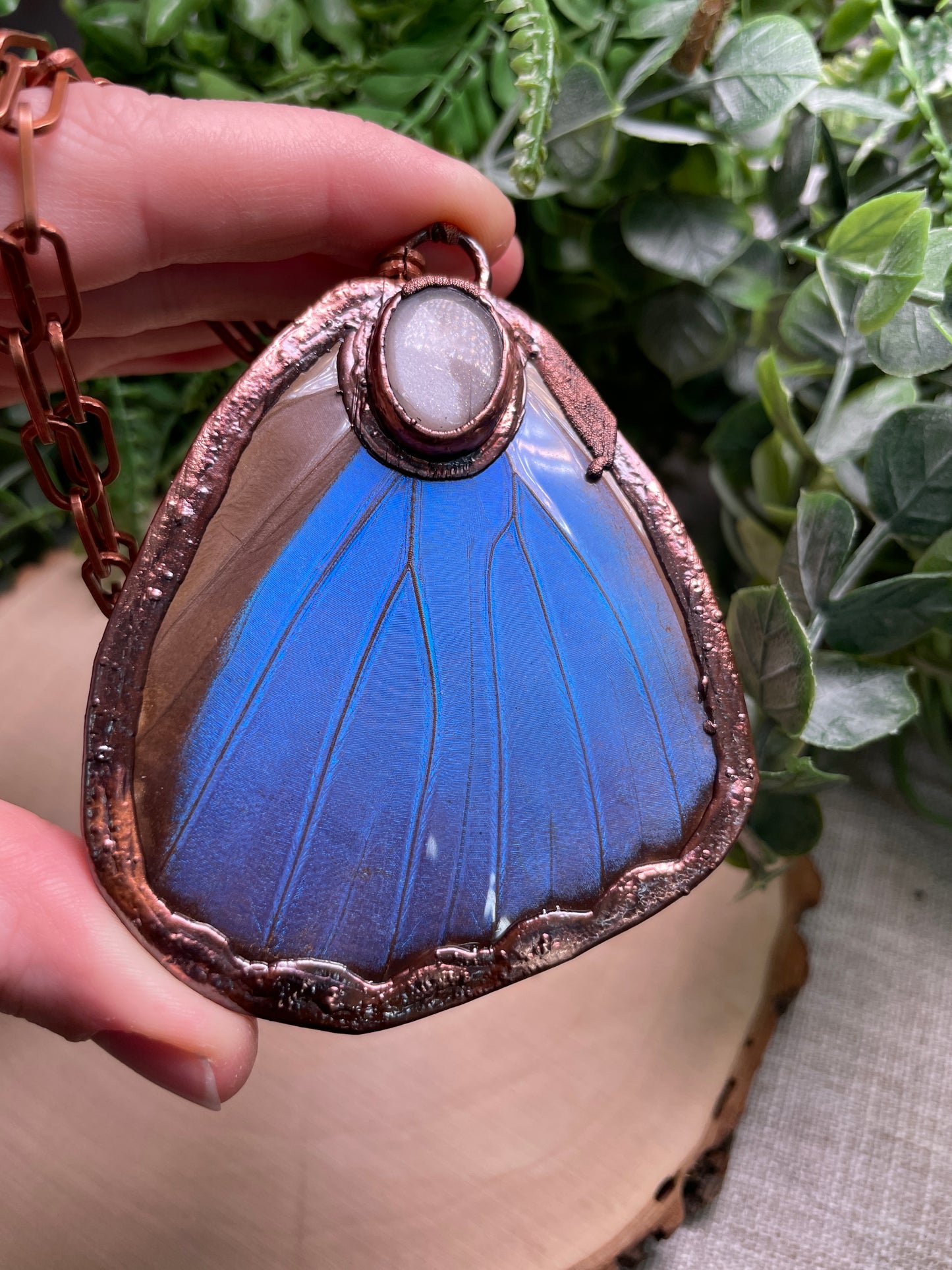 Peach Moonstone Morpho Moth Wing Necklace