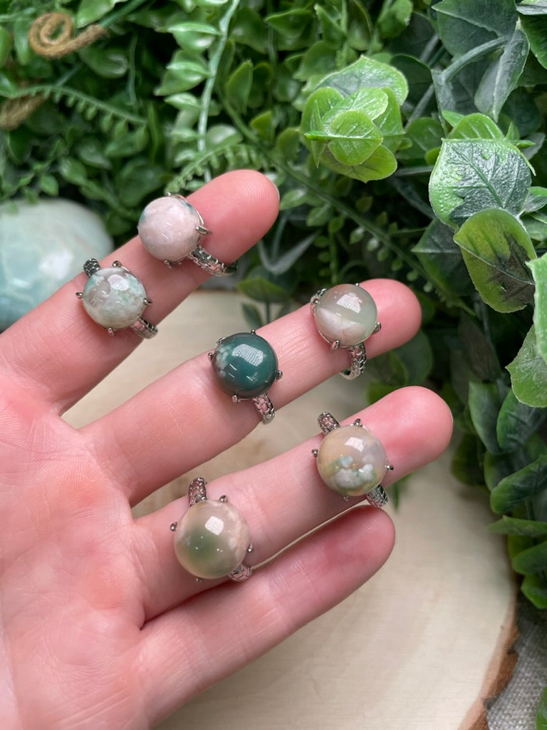 Green Flower Agate Adjustable Ring