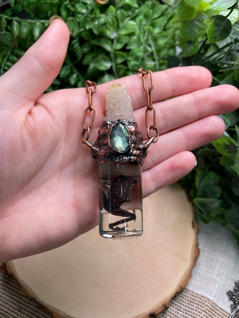 Spirit Quartz, Labradorite, and Wet Specimen Frog in a Glass Vial Necklace