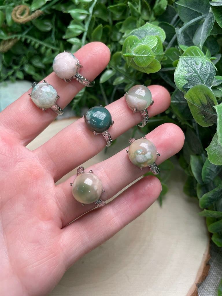 Green Flower Agate Adjustable Ring