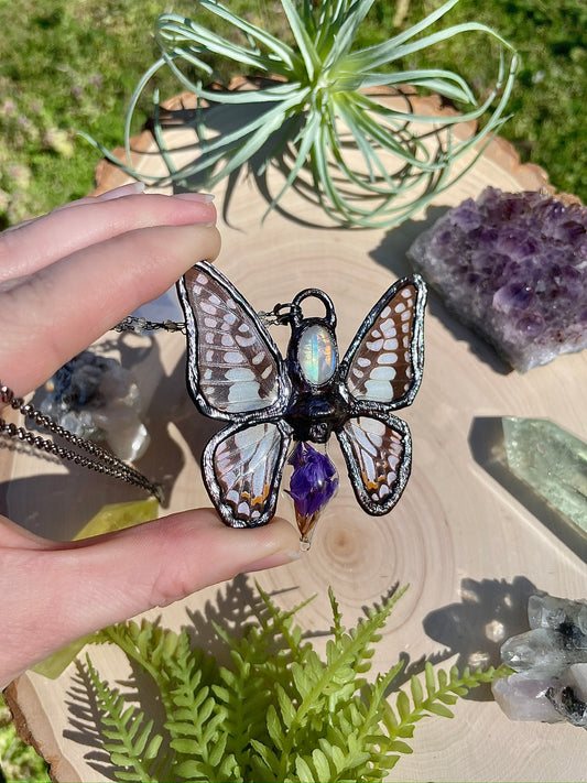Stephanie- Moonstone, Bottled Flower Petals, and Real Ethically Sourced Butterfly Wings Necklace