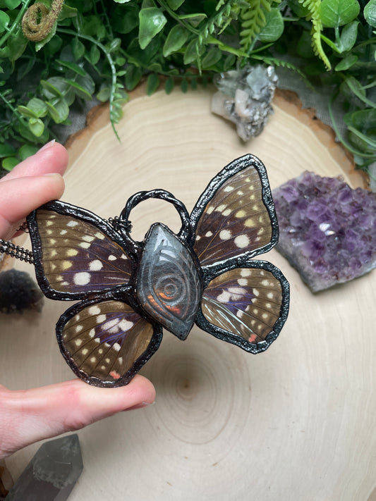 Vision- Labradorite, Mother of Pearl Shell, and Butterfly Wing Necklace