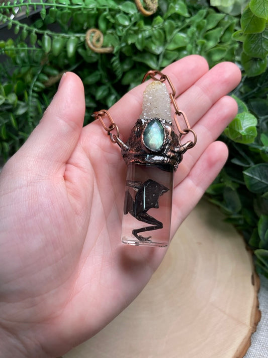 Spirit Quartz, Labradorite, and Wet Specimen Frog in a Glass Vial Necklace