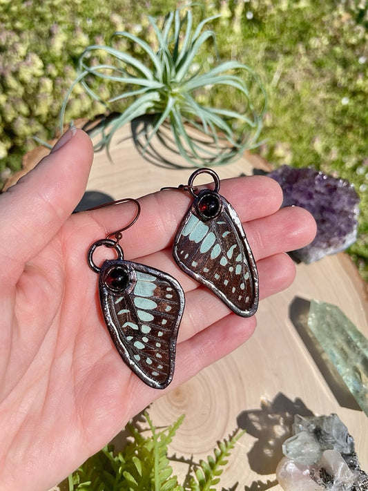 Passion- Garnet and Real Ethically Sourced Butterfly Wing Earrings