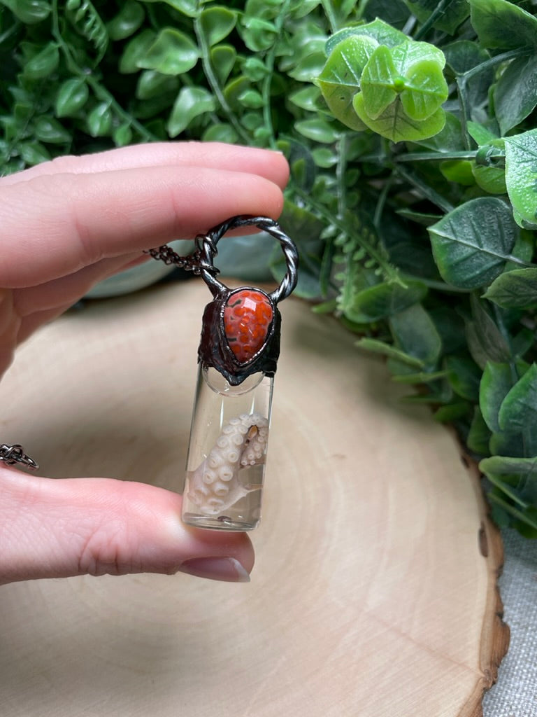 Ocean Jasper and Wet Specimen Octopus Leg in a Glass Vial Necklace