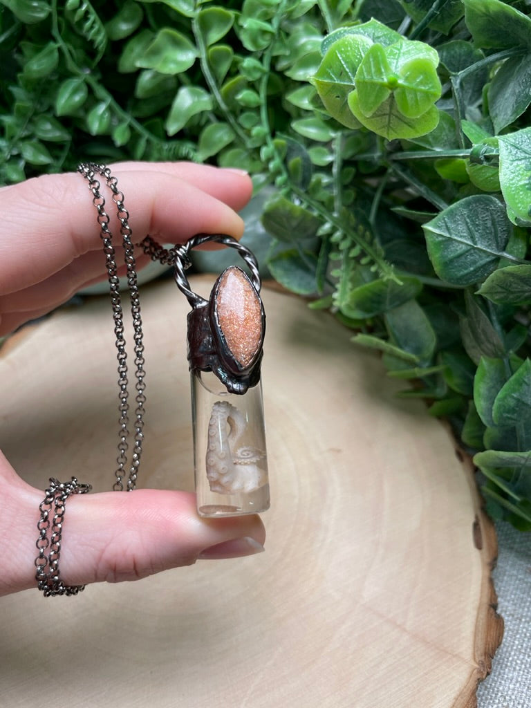 Sunstone and Wet Specimen Octopus Leg in a Glass Vial Necklace