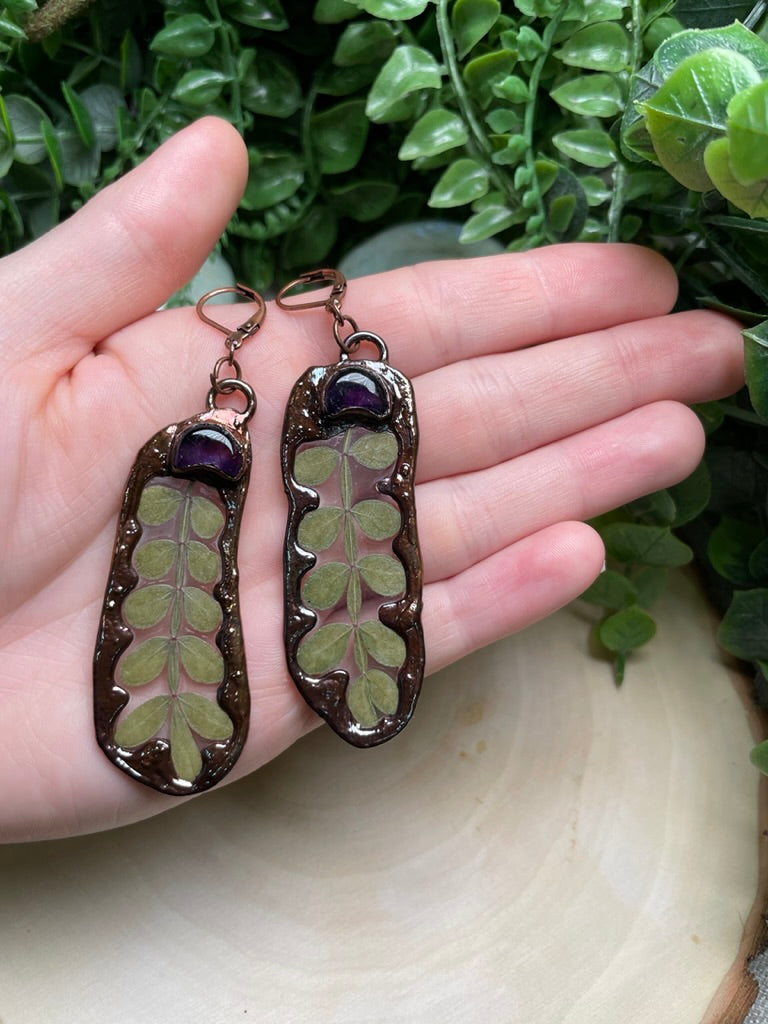 Leaves and Amethyst Moon Earrings