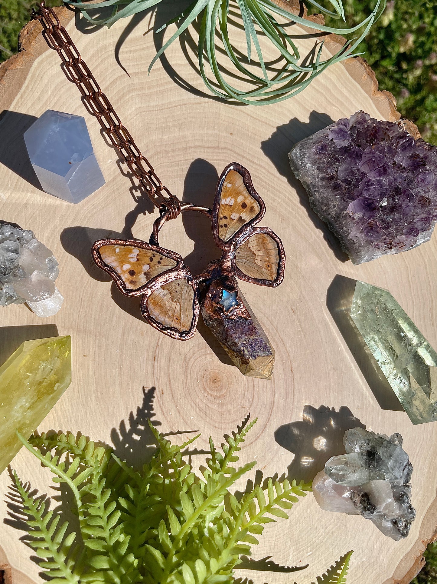 Summer- Tiffany Stone, Moonstone, and Real Ethically Sourced Butterfly Wings Necklace