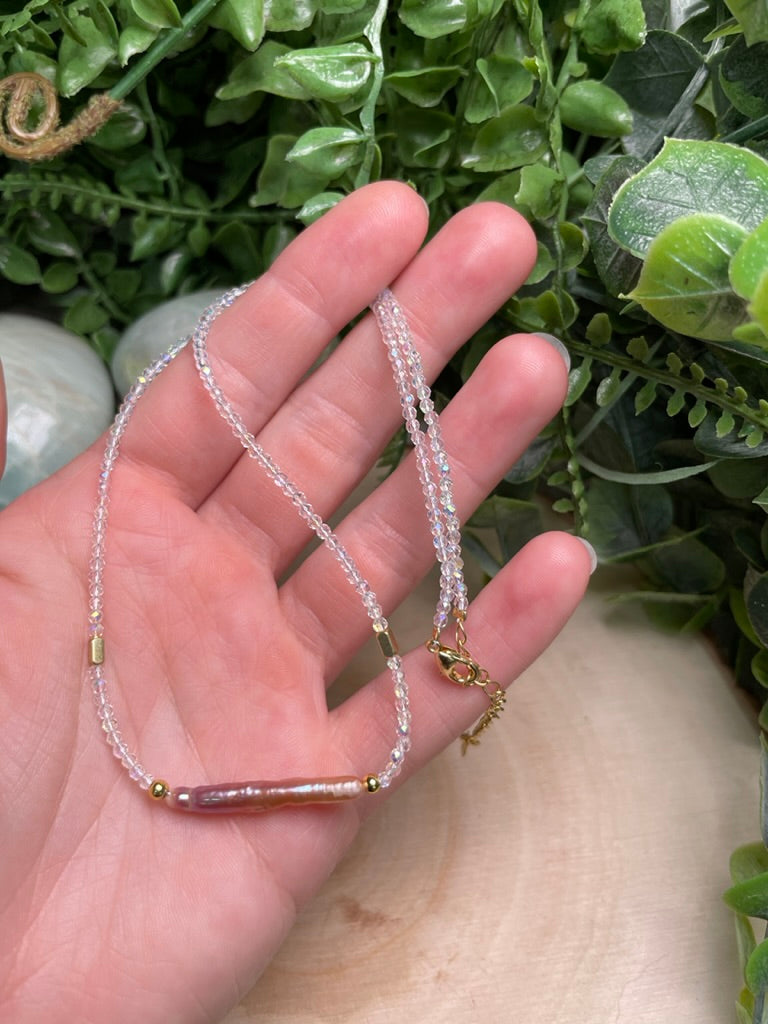 Aura Quartz and Freshwater Pearl Choker Necklace