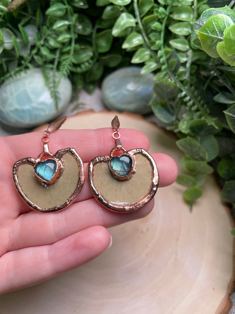 Leaf and Labradorite Heart Earrings