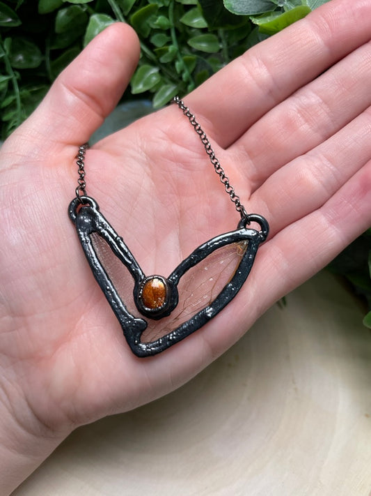 Cicada Wing, Dragonfly Wing, and Sunstone Necklace