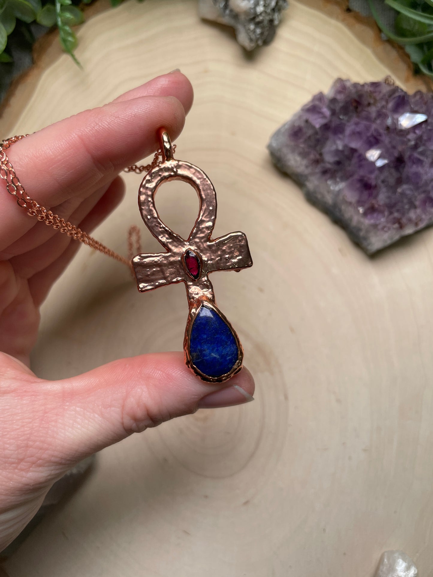 Lapis and Garnet Ankh Necklace