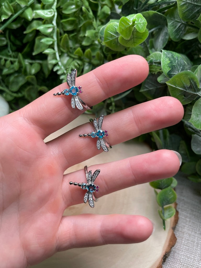 Synthetic Blue Topaz Dragonfly Adjustable Ring