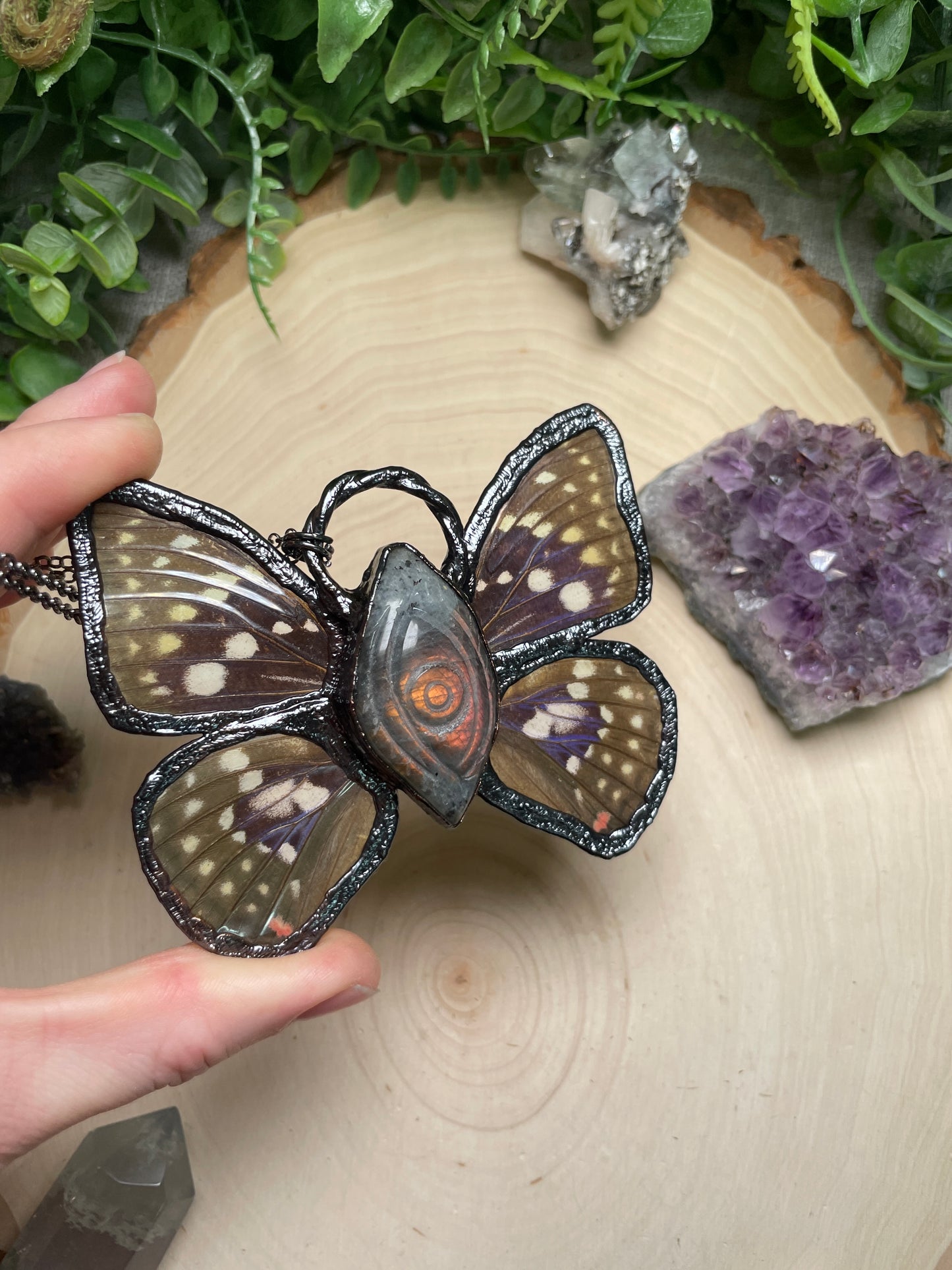 Vision- Labradorite, Mother of Pearl Shell, and Butterfly Wing Necklace