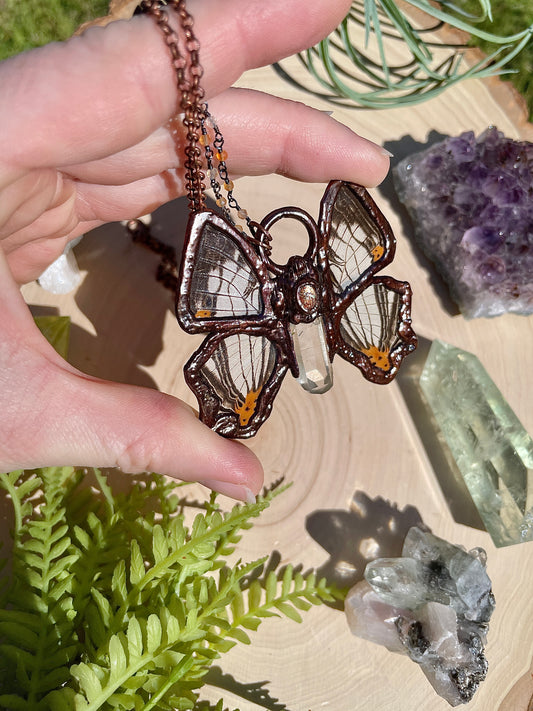 Thistle- Clear Quartz, Sunstone, and Real Ethically Sourced Butterfly Wings Necklace