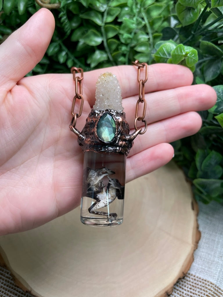 Spirit Quartz, Labradorite, and Wet Specimen Frog in a Glass Vial Necklace