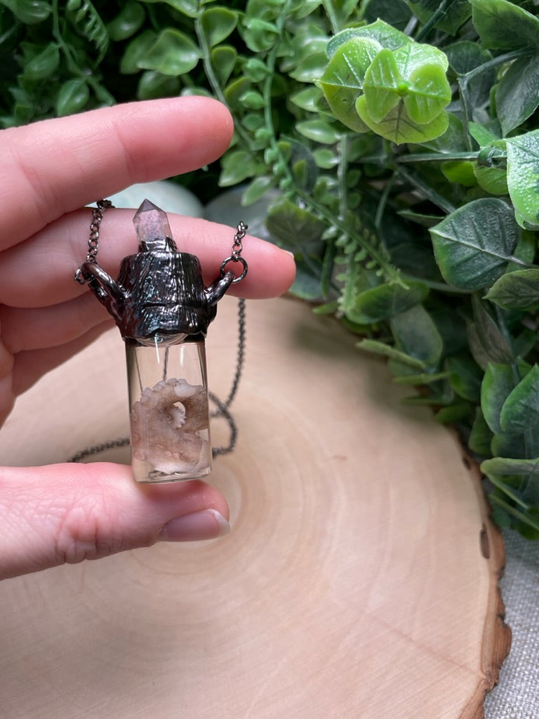 Moonstone, Blue Quartz, and Wet Specimen Octopus Leg in a Glass Vial Necklace