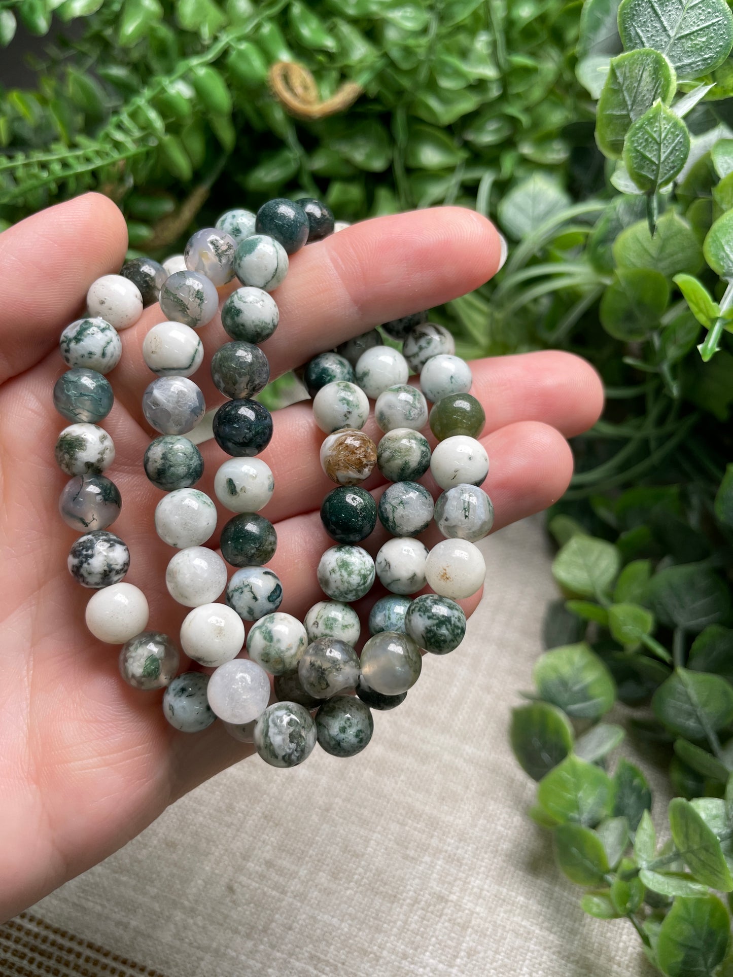 Moss Agate 8mm Beaded Bracelet