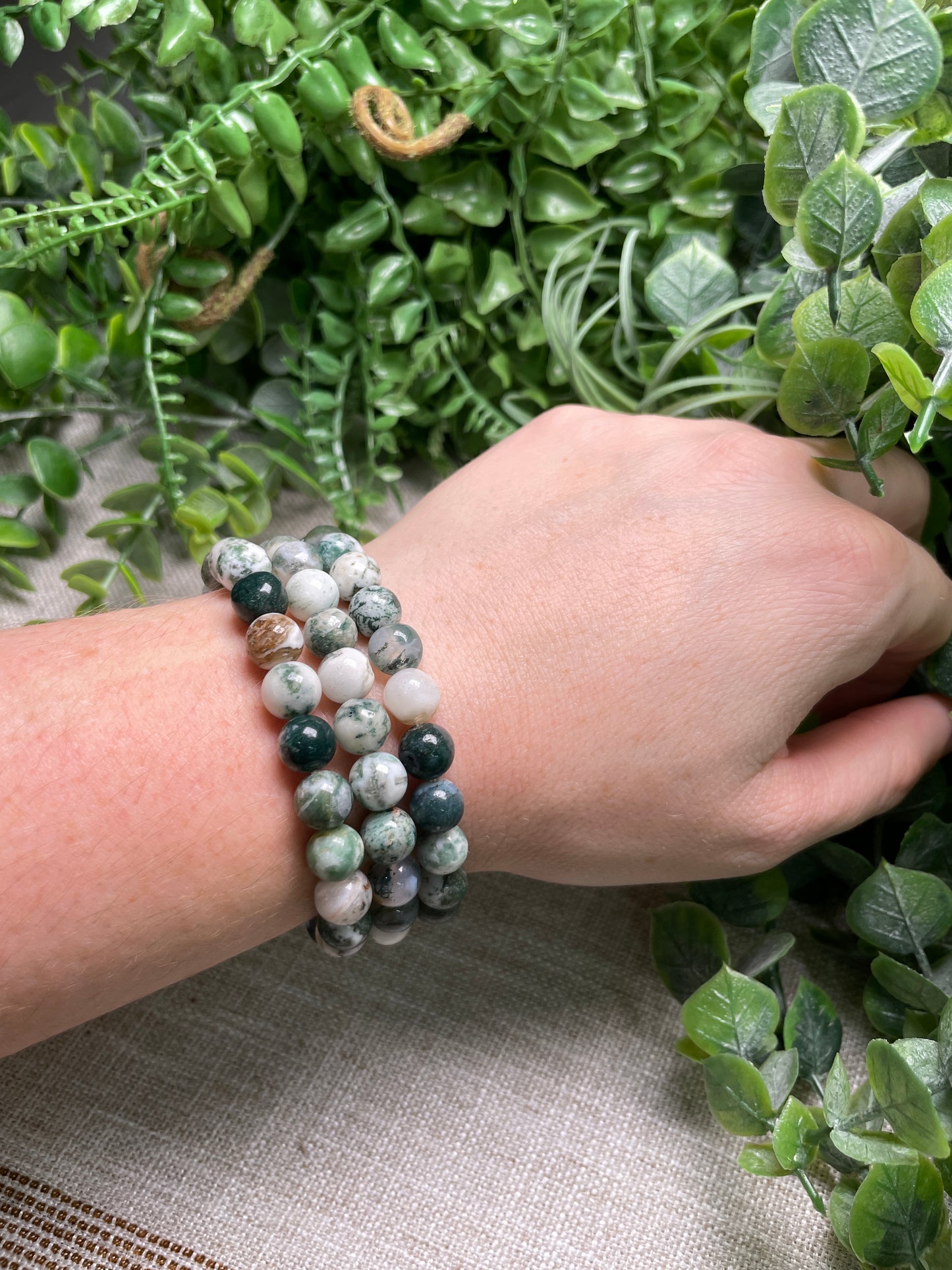 Moss Agate 8mm Beaded Bracelet