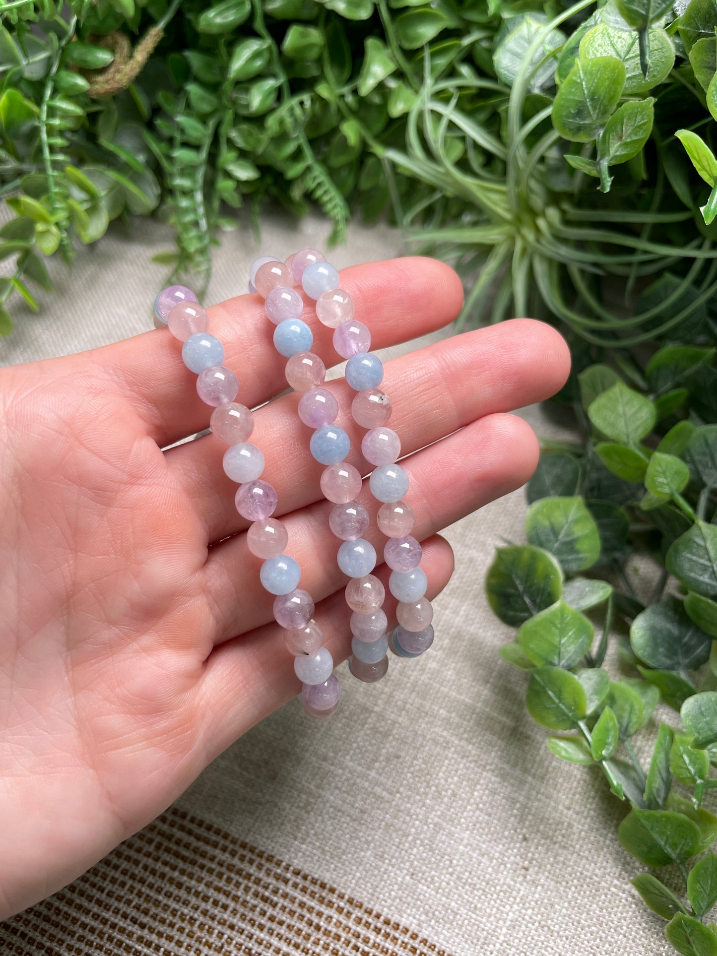 Rose Quartz, Aquamarine, and Amethyst 6mm Beaded Bracelet