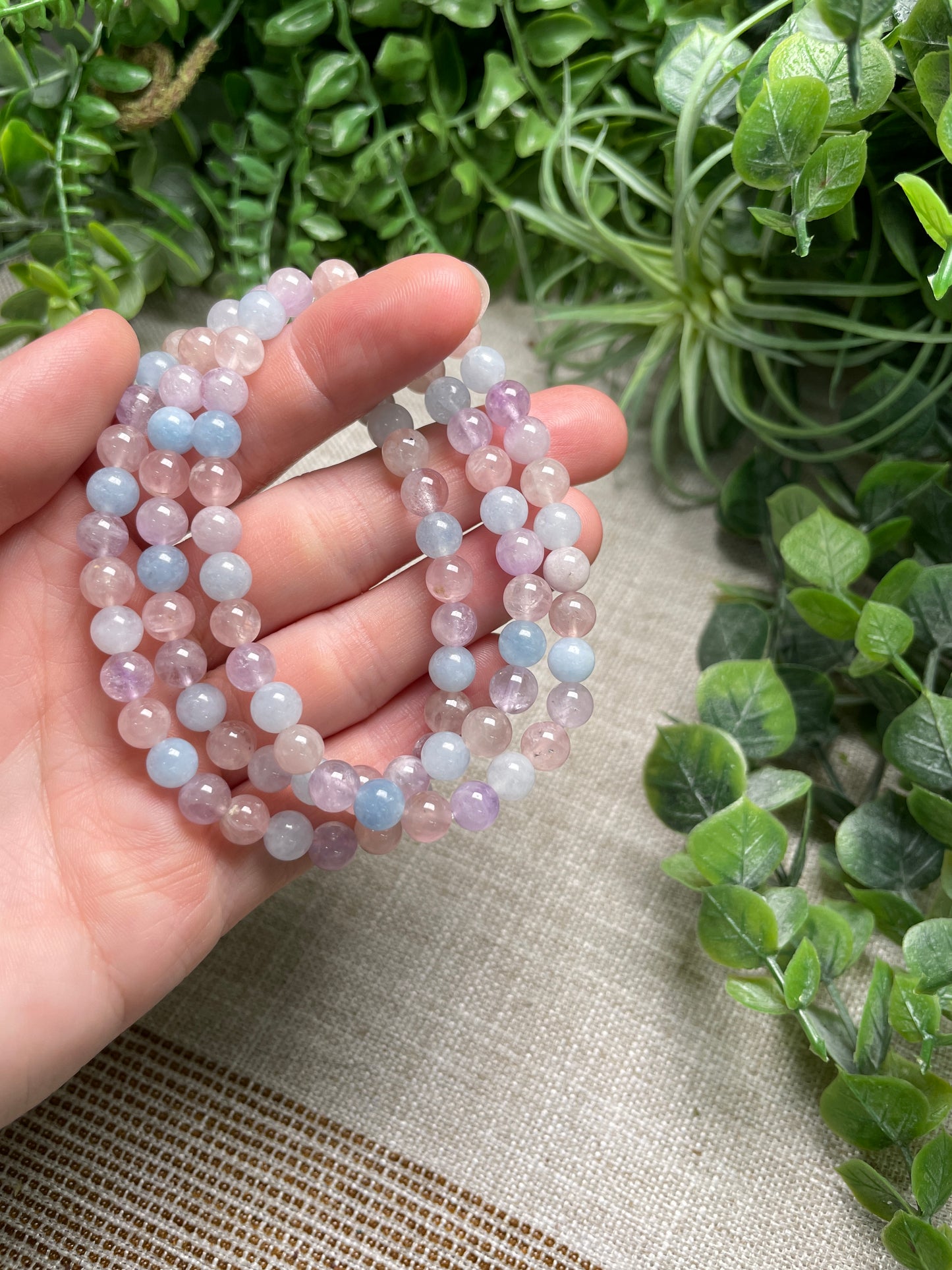 Rose Quartz, Aquamarine, and Amethyst 6mm Beaded Bracelet