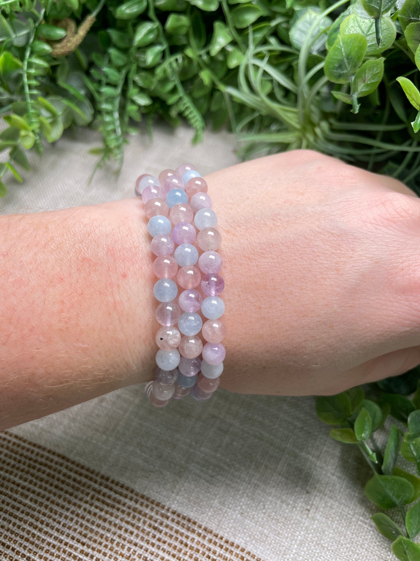 Rose Quartz, Aquamarine, and Amethyst 6mm Beaded Bracelet