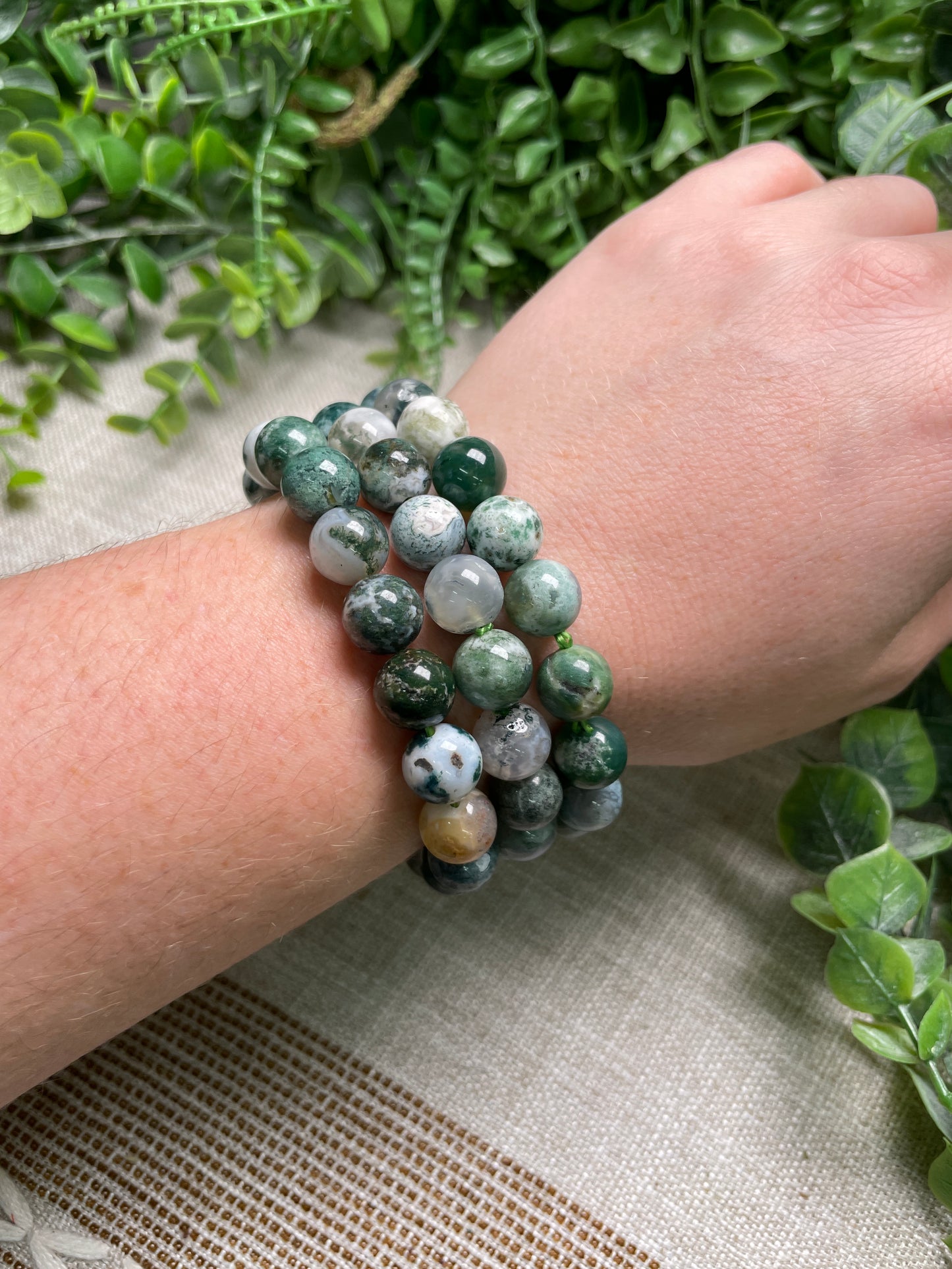 Moss Agate 10mm Beaded Bracelet