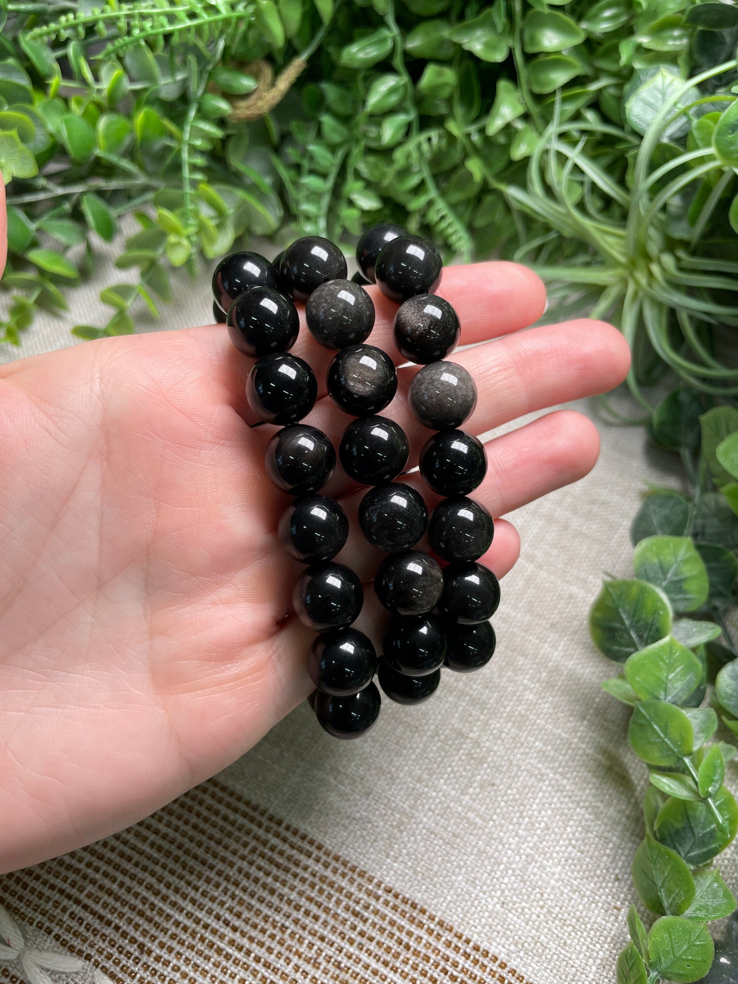 Silver Sheen Obsidian 12mm Beaded Bracelet