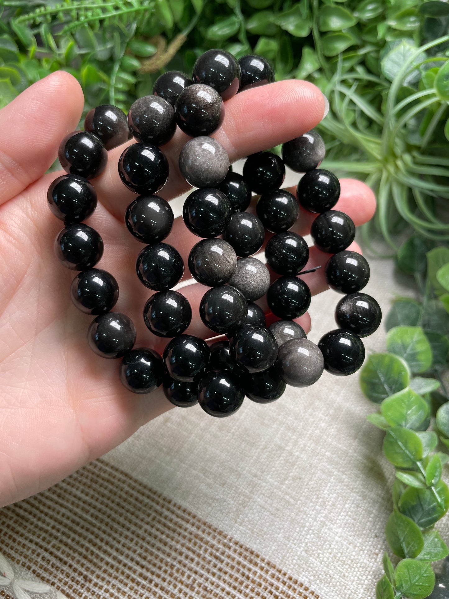 Silver Sheen Obsidian 12mm Beaded Bracelet