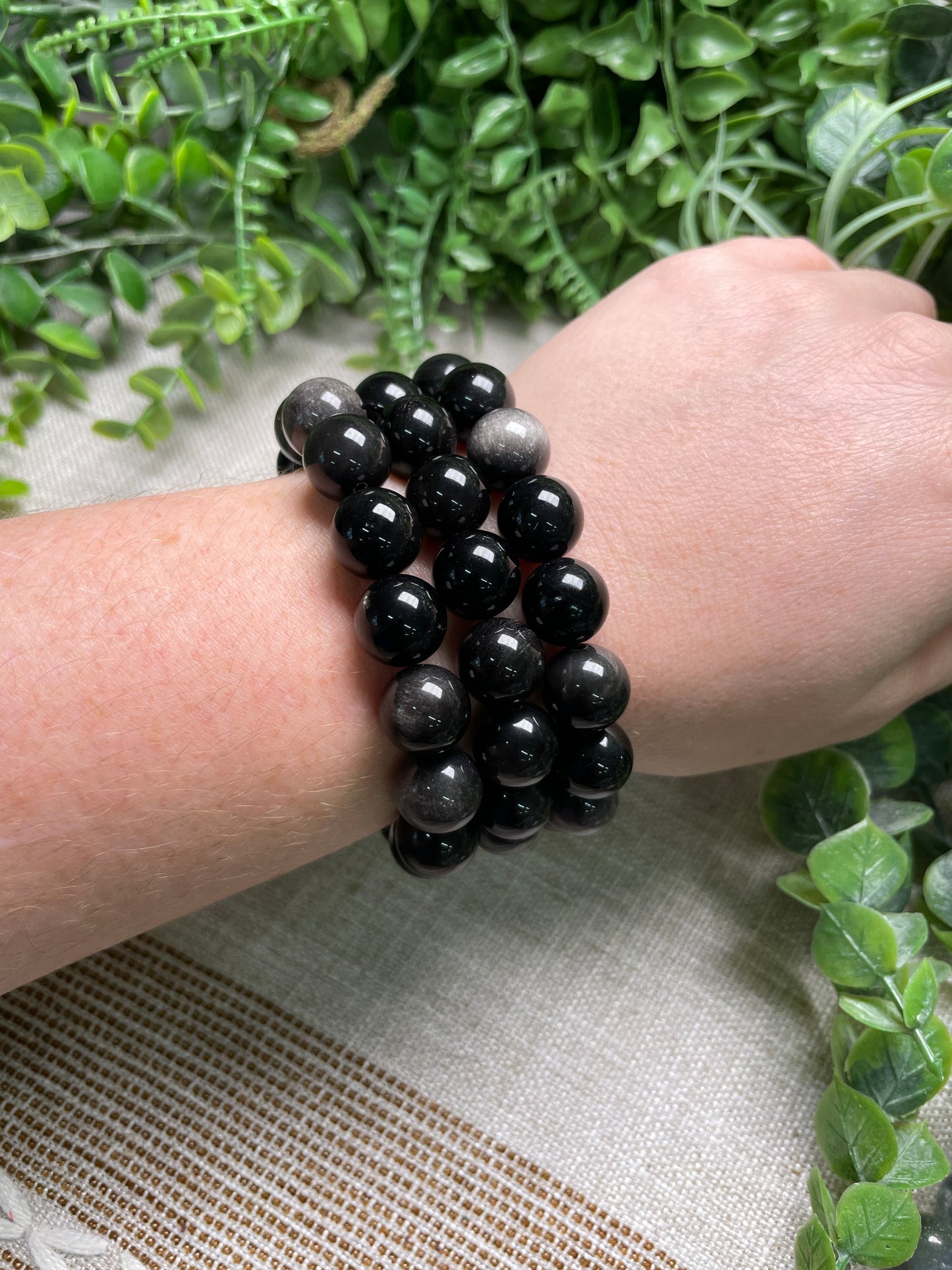 Silver Sheen Obsidian 12mm Beaded Bracelet