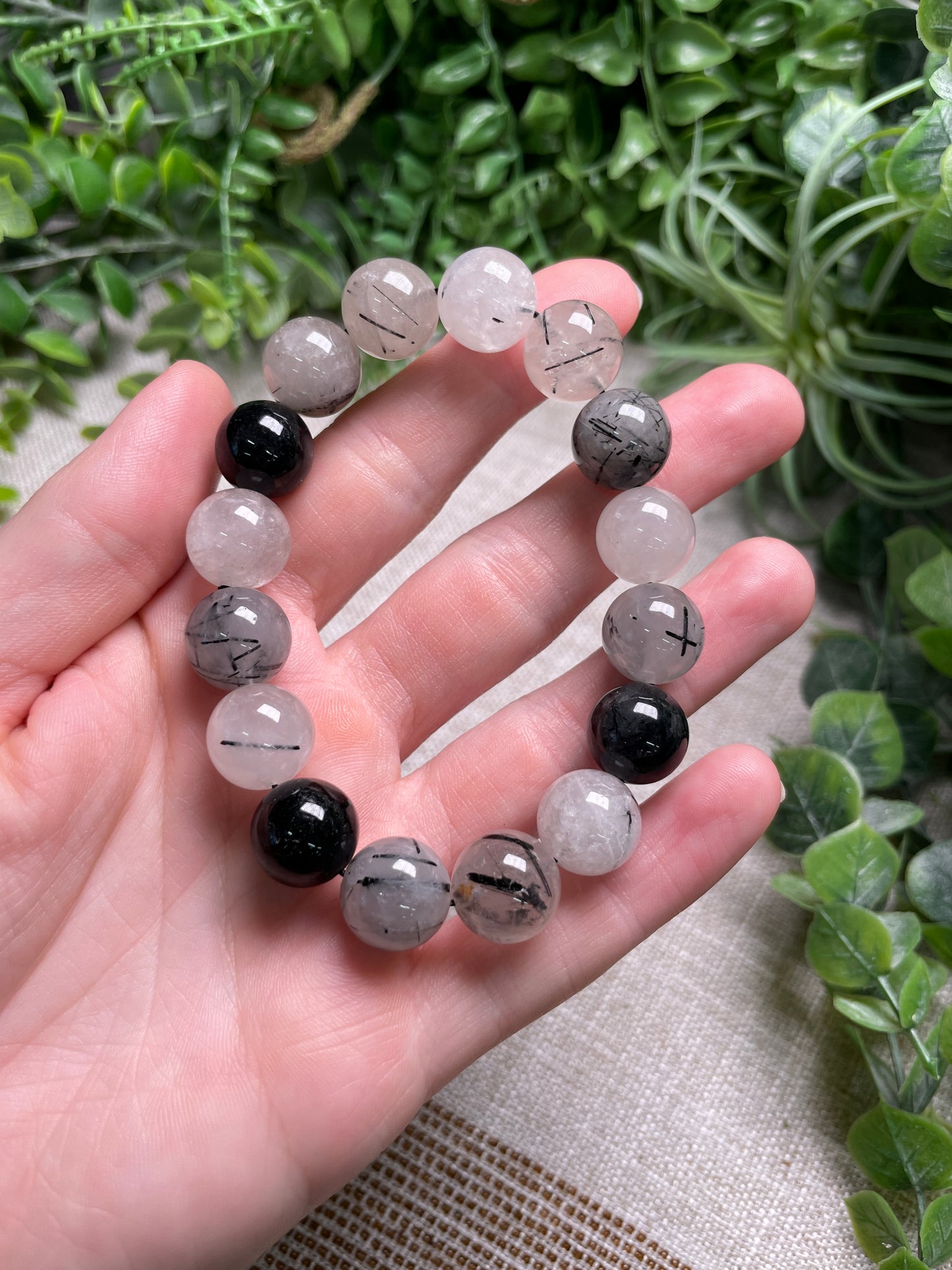 Black Rutile Quartz 12mm Beaded Bracelet