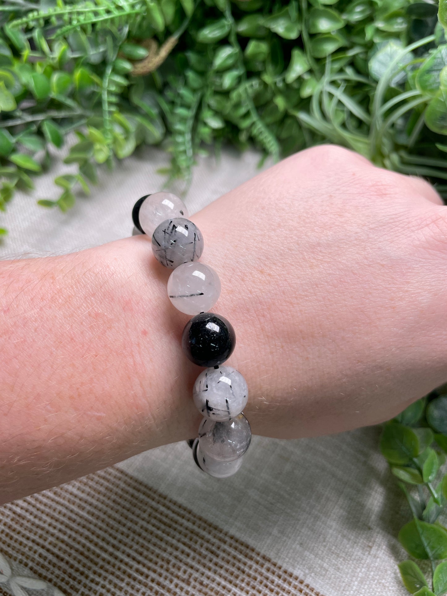 Black Rutile Quartz 12mm Beaded Bracelet