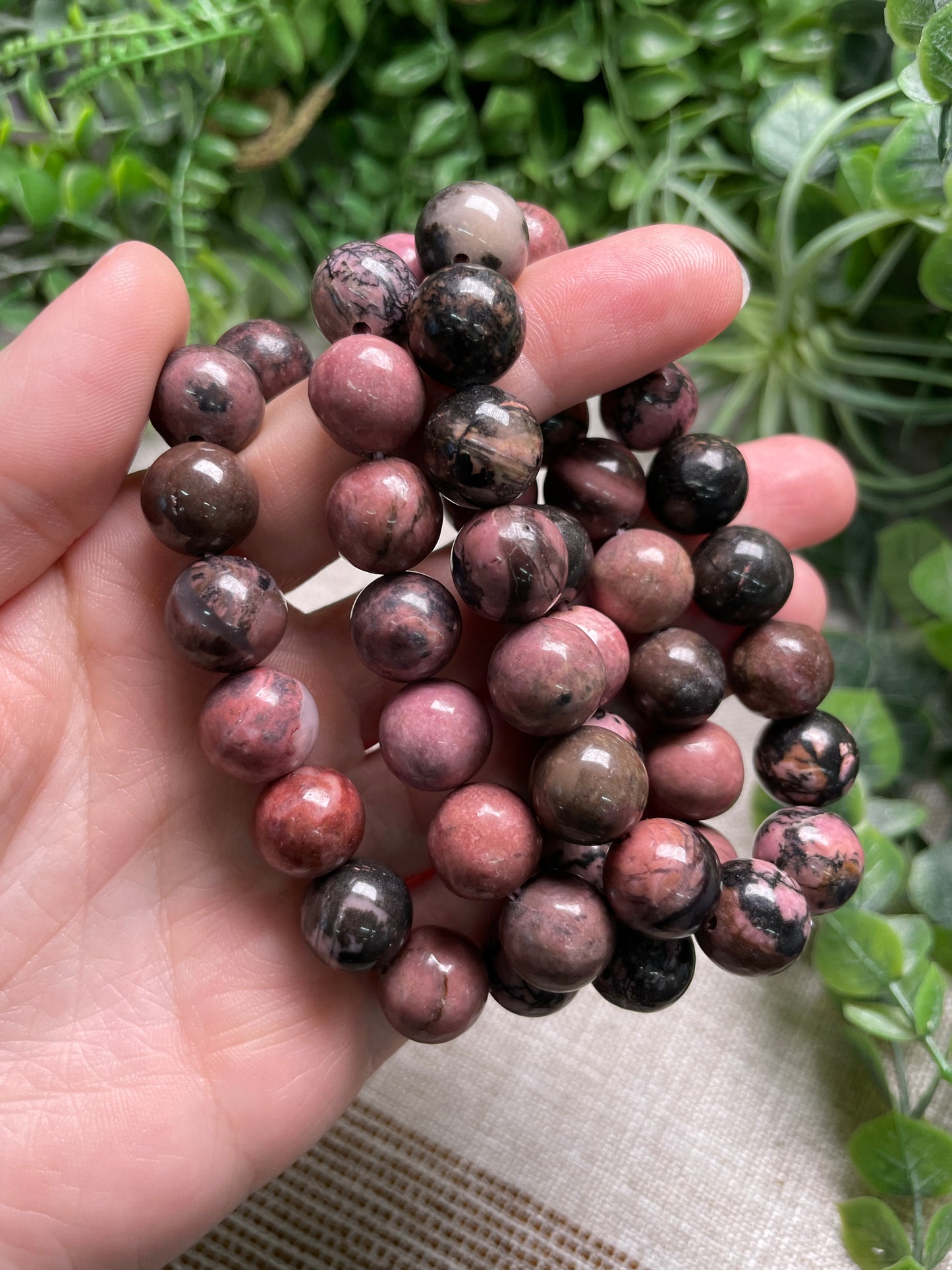 Rhodonite 12mm Beaded Bracelet