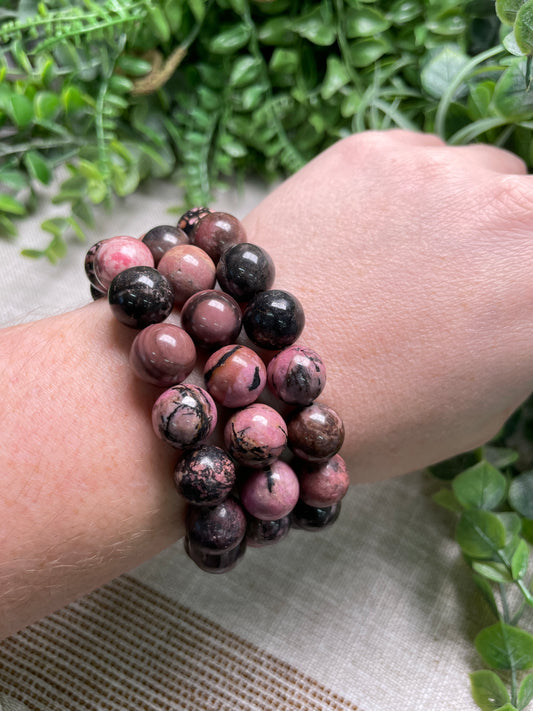 Rhodonite 12mm Beaded Bracelet