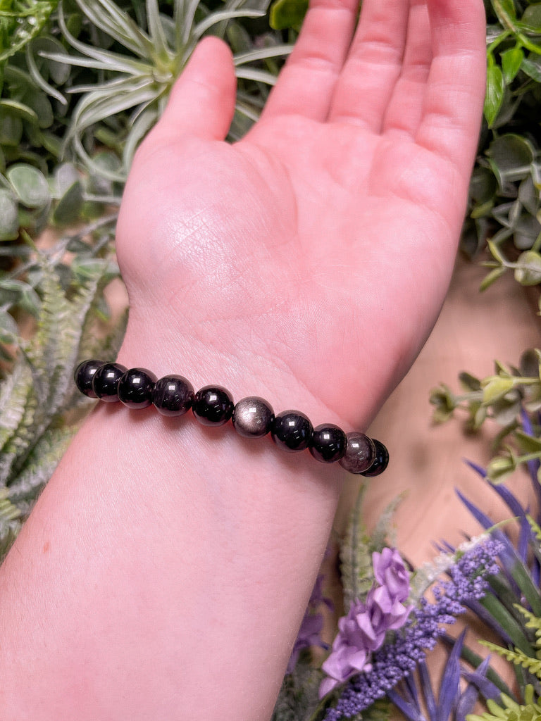 8mm Beaded Silver Sheen Obsidian Bracelet