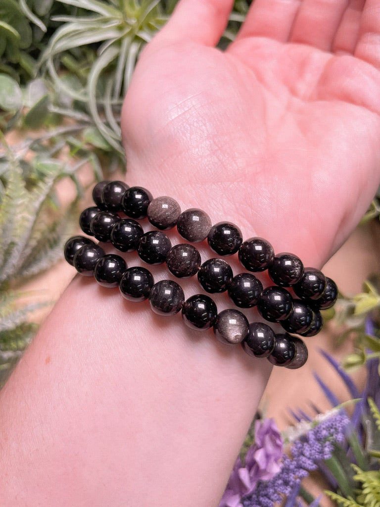 8mm Beaded Silver Sheen Obsidian Bracelet