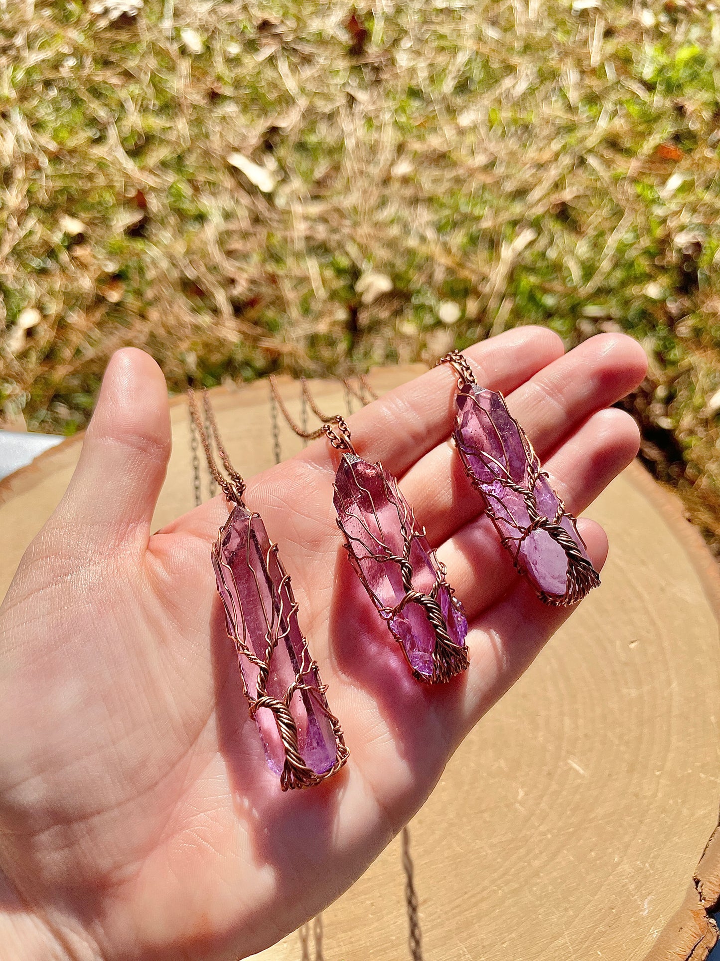 Dyed Pink Clear Quartz Tree of Life Necklace