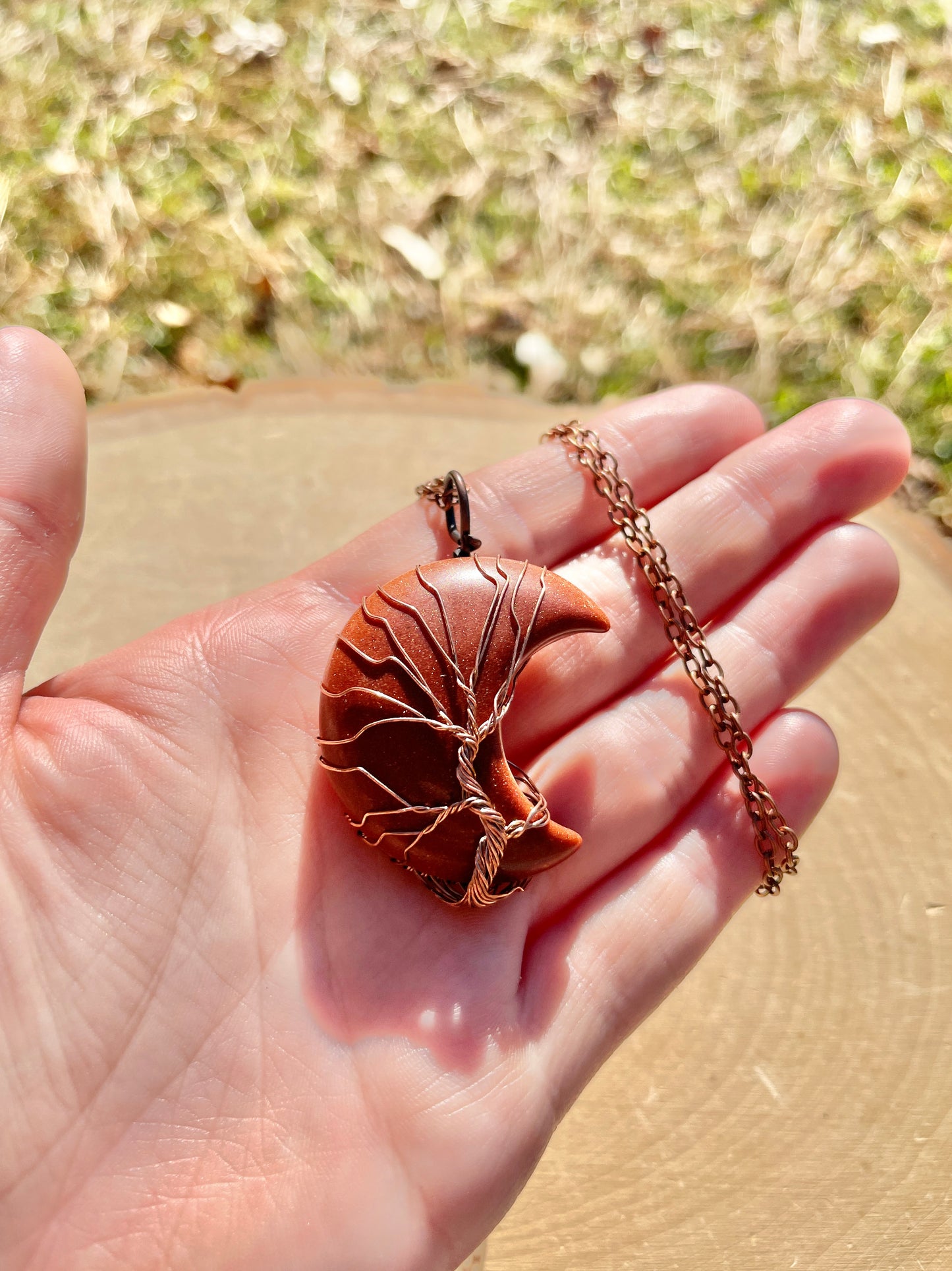 Goldstone Tree of Life Moon Necklace