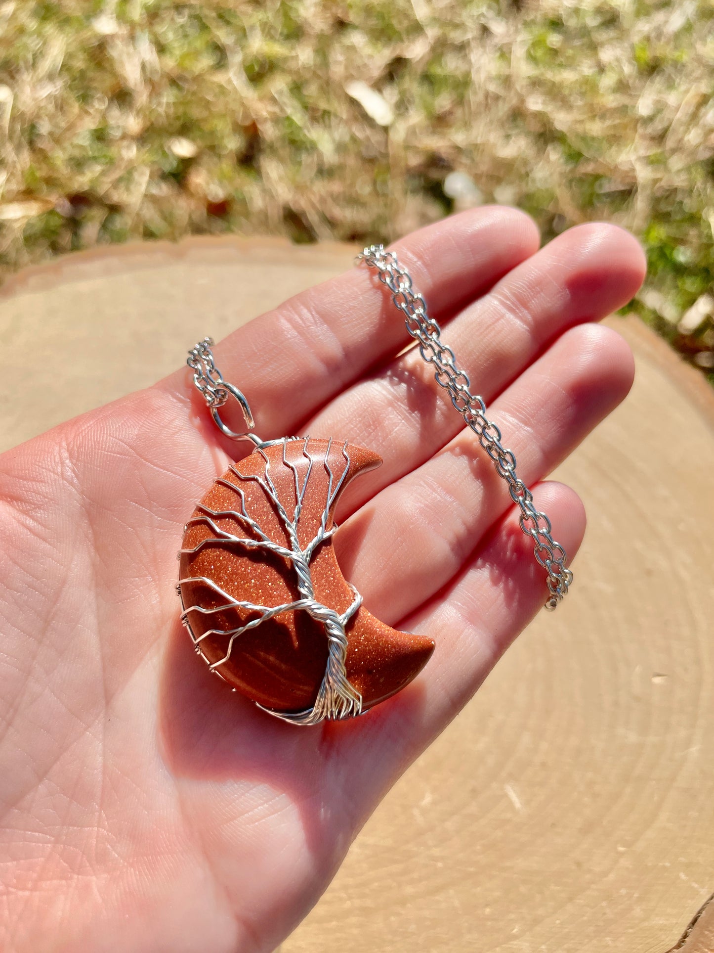 Goldstone Tree of Life Moon Necklace